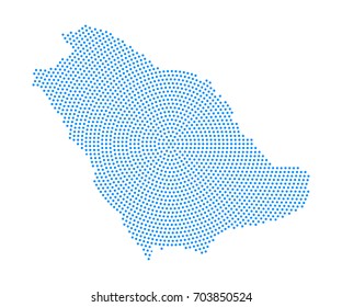 Mapa azul abstracto del planeta de punto radial de Arabia Saudita sobre fondo blanco, concepto de medio tono. Ilustración vectorial, pasos 10.