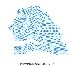 Abstract blue map of Senegal radial dot planet on white background, halftone concept. Vector illustration eps 10.