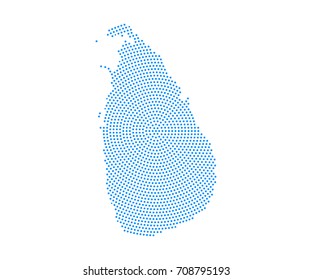 Abstract blue map of Sri Lanka radial dot planet on white background, halftone concept. Vector illustration eps 10.