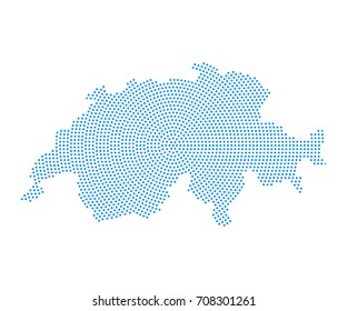 Abstract blue map of Switzerland radial dot planet on white background, halftone concept. Vector illustration eps 10.