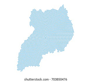 Abstract blue map of Uganda radial dot planet on white background, halftone concept. Vector illustration eps 10.