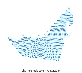 Abstract blue map of United Arab Emirates radial dot planet on white background, halftone. Vector illustration eps 10.