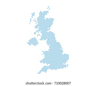 Abstract blue map of United Kingdom UK radial dot planet on white background, halftone concept. Vector illustration eps 10.