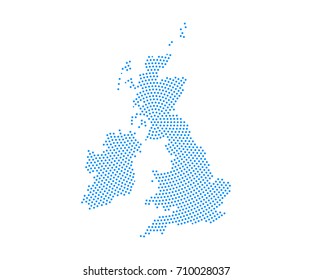 Abstract blue map of United Kingdom UK radial dot planet on white background, halftone concept. Vector illustration eps 10.