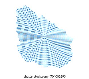 Abstract blue map of Uruguay radial dot planet on white background, halftone concept. Vector illustration eps 10.