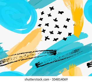 Abstract blue marker circles and yellow brush strokes.Hand drawn with paint brush seamless background.Modern hipster style design.