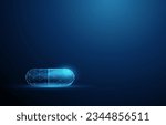 Abstract blue medical drug capsule. Healthcare medical and pharmacy concept. Low poly style design. Geometric background. Wireframe light connection structure. Modern 3d graphic concept. Vector.