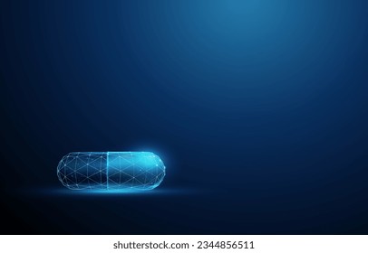 Abstract blue medical drug capsule. Healthcare medical and pharmacy concept. Low poly style design. Geometric background. Wireframe light connection structure. Modern 3d graphic concept. Vector.