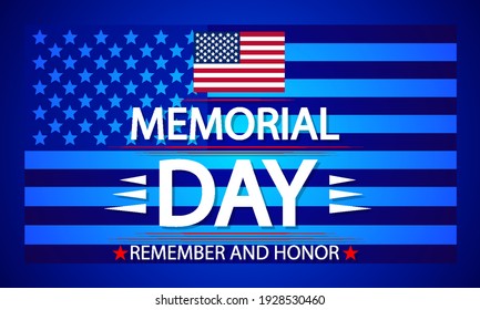 Abstract blue memorial day background with usa flag, vector art illustration.