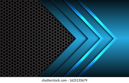 Abstract blue metallic arrow direction with dark grey hexagon mesh design modern futuristic background vector illustration.
