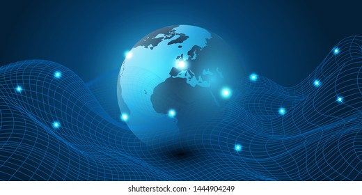 Abstract Blue Minimal Style Cloud Computing, Networks Structure, Telecommunications Concept Design, Network Connections, Transparent Wavy Geometric Mesh - Vector Illustration