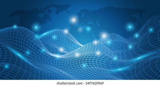 Abstract Blue Minimal Style Cloud Computing, Networks Structure, Telecommunications Concept Design, Network Connections, Transparent Wavy Geometric Mesh - Vector Illustration 
