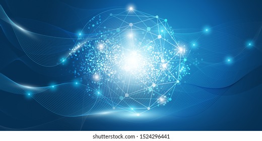 Abstract Blue Minimal Style Cloud Computing, Network Structure and Telecommunications Concept Design with Network Connections and Transparent Wavy Geometric Mesh - Vector Illustration