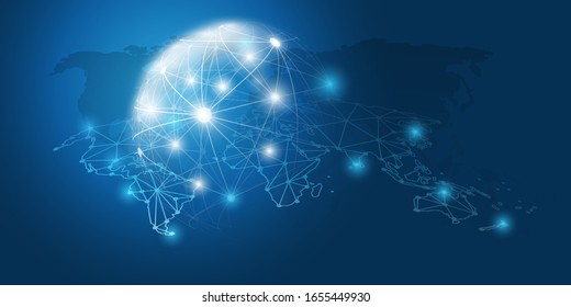 Abstract Blue Minimal Style Cloud Computing, Networks Structure, Telecommunications Concept Design, Network Connections, Transparent Geometric Mesh - Vector Illustration