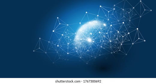 Resumen Estilo azul mínimo Cloud Computing, estructura de redes, diseño de conceptos de telecomunicaciones, conexiones de red, malla geométrica ondulada transparente - Ilustración vectorial