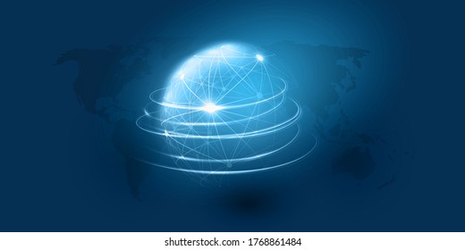 Abstract Blue Minimal Style Cloud Computing, Networks Structure, Telecommunications Concept Design, Network Connections, Transparent Wire Frame Globe, Geometric Mesh - Vector Illustration