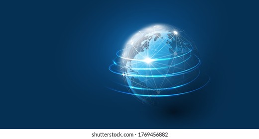 Abstract Blue Minimal Style Cloud Computing, Networks Structure, Telecommunications Concept Design, Network Connections, Transparent Wire Frame and Earth Globe - Vector Illustration