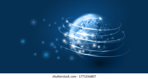 Abstract Blue Minimal Style Cloud Computing, Networks Structure, Telecommunications Concept Design, Network Connections, Transparent Wire Frame and Earth Globe - Vector Illustration