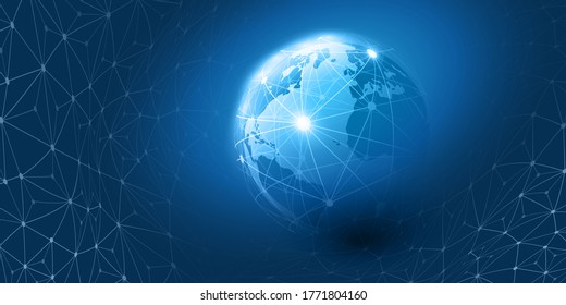 Abstract Blue Minimal Style Cloud Computing, Networks Structure, Telecommunications Concept Design, Network Connections, Transparent Geometric Mesh, Wire Frame Earth Globe - Vector Illustration