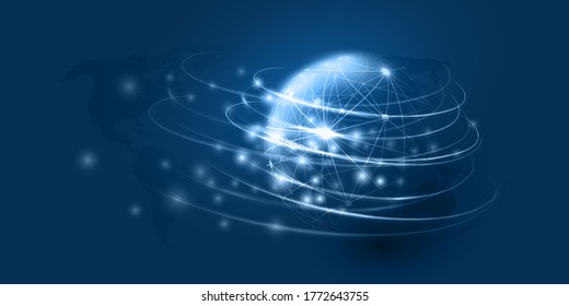 Abstract Blue Minimal Style Cloud Computing, Networks Structure, Telecommunications Concept Design, Network Connections, Transparent Wire Frame Globe and World Map - Vector Illustration