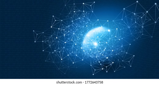 Abstract Blue Minimal Style Cloud Computing, Networks Structure, Telecommunications Concept Design, Network Connections, Transparent Geometric Mesh and Binary Code Pattern - Vector Illustration - Powered by Shutterstock - Get 15% off with code: PIKWIZARD15