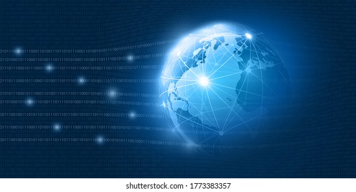 Abstract Blue Minimal Style Cloud Computing, Networks, Telecommunications Concept Design with Polygonal Mesh, Glowing Lines of Binary Code and Earth Globe - Vector Illustration