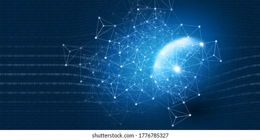 Abstract Blue Minimal Style Cloud Computing, Networks, Telecommunications Concept Design with Polygonal Mesh, Glowing Lines of Binary Code and Earth Globe - Vector Illustration