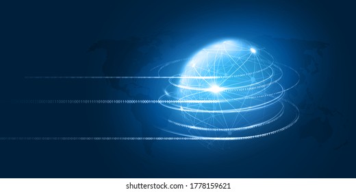 Abstract Blue Minimal Style Cloud Computing, Networks, Telecommunications Concept Design with Polygonal Mesh, Glowing Lines of Binary Code Around a Transparent Globe - Vector Illustration