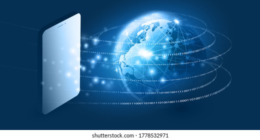 Abstract Blue Minimal Style Cloud Computing, Networks, Telecommunications Concept Design with Polygonal Mesh, Glowing Lines of Binary Code, Mobile Phone and Earth Globe - Vector Illustration