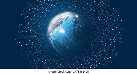 Abstract Blue Minimal Style Cloud Computing, Networks Structure, Telecommunications Concept Design, Network Connections, Transparent Geometric Mesh, Wire Frame and Earth Globe - Vector Illustration