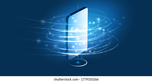 Abstract Blue Minimal Style Cloud Computing, Networks, Telecommunications Concept Design with Glowing Lines of Flowing Data, Binary Code and Mobile Phone - Vector Illustration