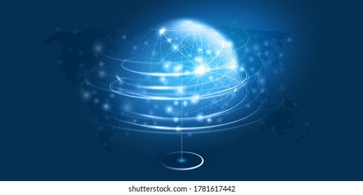 Abstract Blue Minimal Style Cloud Computing, Networks, Telecommunications Concept Design with Polygonal Mesh, Glowing Lines of Binary Code Around a Transparent Globe - Vector Illustration