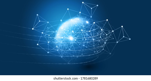 Abstract Blue Minimal Style Cloud Computing, Networks, Telecommunications Concept Design with Polygonal Mesh, Glowing Lines of Binary Code Around a Transparent Globe - Vector Illustration