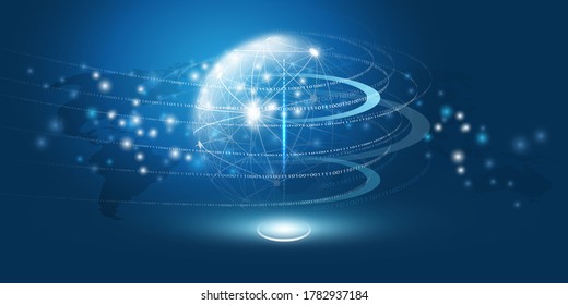 Abstract Blue Minimal Style Cloud Computing, Networks, Telecommunications Concept Design with Polygonal Mesh, Glowing Lines of Binary Code Around a Transparent Globe - Vector Illustration