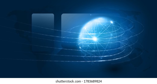 Abstract Blue Minimal Style Cloud Computing, Networks, Telecommunications Concept Design with Polygonal Mesh, Glowing Lines of Binary Code Around a Transparent Globe - Vector Illustration