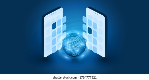 Abstract Blue Minimal Style Cloud Computing, Networks, Mobile Telecommunications Concept Design with Wireframe, Smart Phones and Earth Globe - Vector Illustration