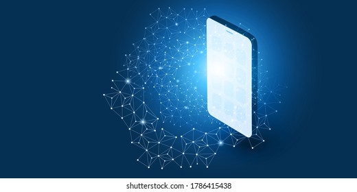 Abstract Blue Minimal Style Cloud Computing, Networks, Telecommunications Concept Design with Polygonal Mesh and Mobile Phone - Vector Illustration