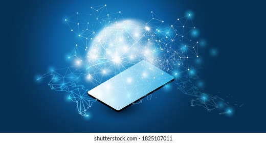Abstract Blue Minimal Style Cloud Computing, Networks Structure, Telecommunications Concept Design, Network Connections, Transparent Geometric Mesh with Mobile Device - Vector Illustration