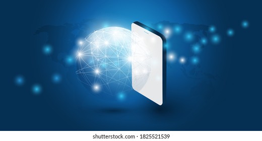 Resumen de estilo azul mínimo Cloud Computing, estructura de redes, diseño de conceptos de telecomunicaciones, conexiones de red, malla geométrica transparente con dispositivo móvil - Ilustración vectorial