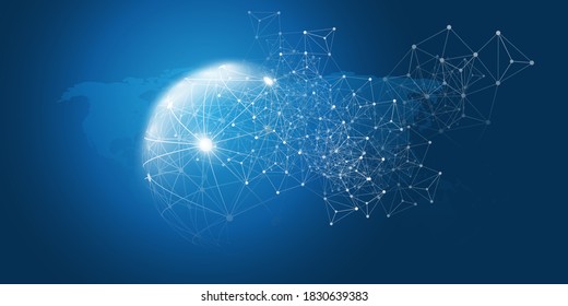 Resumen Estilo mínimo azul Cloud Computing, estructura de redes, diseño de conceptos de telecomunicaciones, conexiones de red, malla geométrica transparente con mapa mundial y globo - Ilustración de vectores