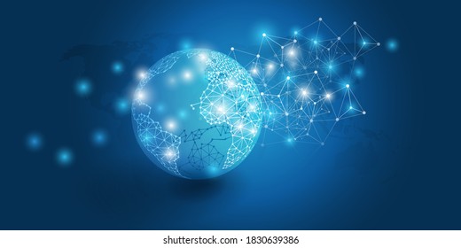 Abstract Blue Minimal Style Cloud Computing, Networks Structure, Telecommunications Concept Design, Network Connections, Transparent Geometric Mesh with Earth Globe - Vector Illustration
