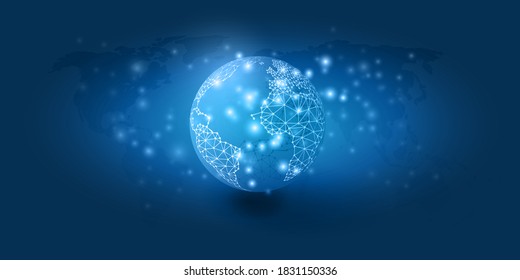 Abstract Blue Minimal Style Cloud Computing, Networks Structure, Telecommunications Concept Design, Network Connections, Transparent Geometric Mesh with Earth Globe - Vector Illustration