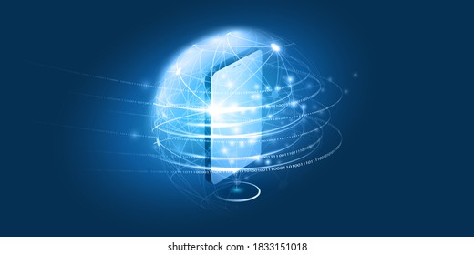 Abstract Blue Minimal Style Cloud Computing, Networks, Telecommunications Concept Design with Glowing Lines of Binary Code, Mobile Phone and Network Globe - Vector Illustration