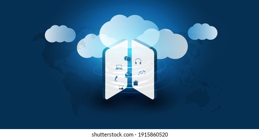 Abstract Blue Minimal Style Cloud Computing, Networks, Consumer Mobile Telecommunications Concept Design With Mobile Phones, Flowing Data, Icons Representing Various Services - Vector Illustration