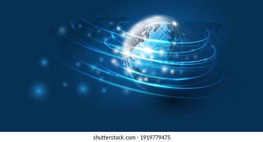 Abstract Blue Minimal Style Cloud Computing, Networks Structure, Telecommunications Concept Design, Network Connections Around the Earth Globe - Creative Vector Illustration