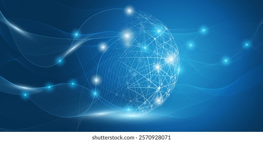 Abstract Blue Minimal Style Cloud Computing, Networks, Telecommunications Concept Design with Polygonal Mesh, Glowing Spots Around a Transparent Wire Frame Globe - Vector Illustration