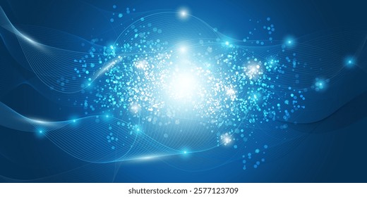 Abstract Blue Minimal Style Futuristic Cloud Computing, Global Network Structure and Telecommunications Concept Design with Bright Glowing Nodes, Transparent Wavy Geometric Mesh - Vector Illustration