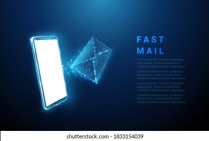 Abstract blue mobile phone with flying letter. Receiving E-mail. Low poly style design. Geometric background Wireframe light connection structure Modern 3d graphic concept Isolated vector illustration