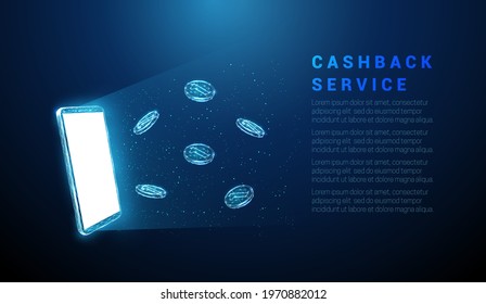 Abstract blue mobile phone with flying coins. Cashback concept. Low poly style design. Geometric background. Wireframe light connection structure. Modern 3d graphic.  Isolated vector illustration.ile 