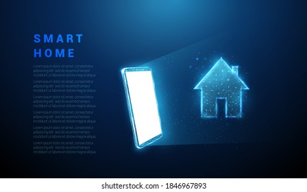 Abstract blue mobile phone with house icon.  Smart house concept. Low poly style design. Geometric background. Wireframe light connection structure. Modern 3d graphic. Isolated vector illustration.